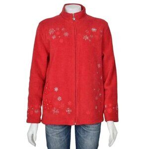 Vintage BonWorth Red Snowflake Embroidered Sparkle Fleece Zip Jacket Size Medium